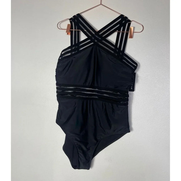 Tempt Me Womens Halter Crisscross Striped Mesh One Piece Swimsuit Top Black XL - Picture 1 of 7